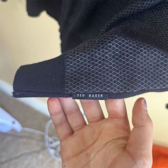 Ted Baker MensHoundstooth Knit Polo Shirt Black and Gray‎ Long Sleeve Size Large - Picture 8 of 10